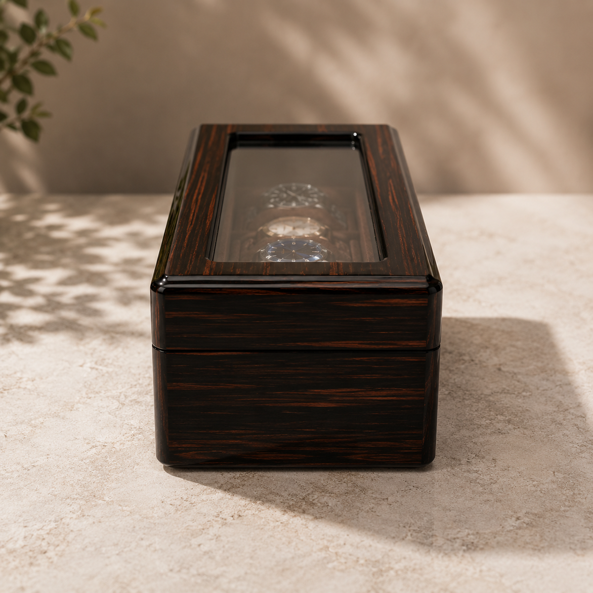 6-Slot Mahogany Watch Box with Glass Display Window - interior view