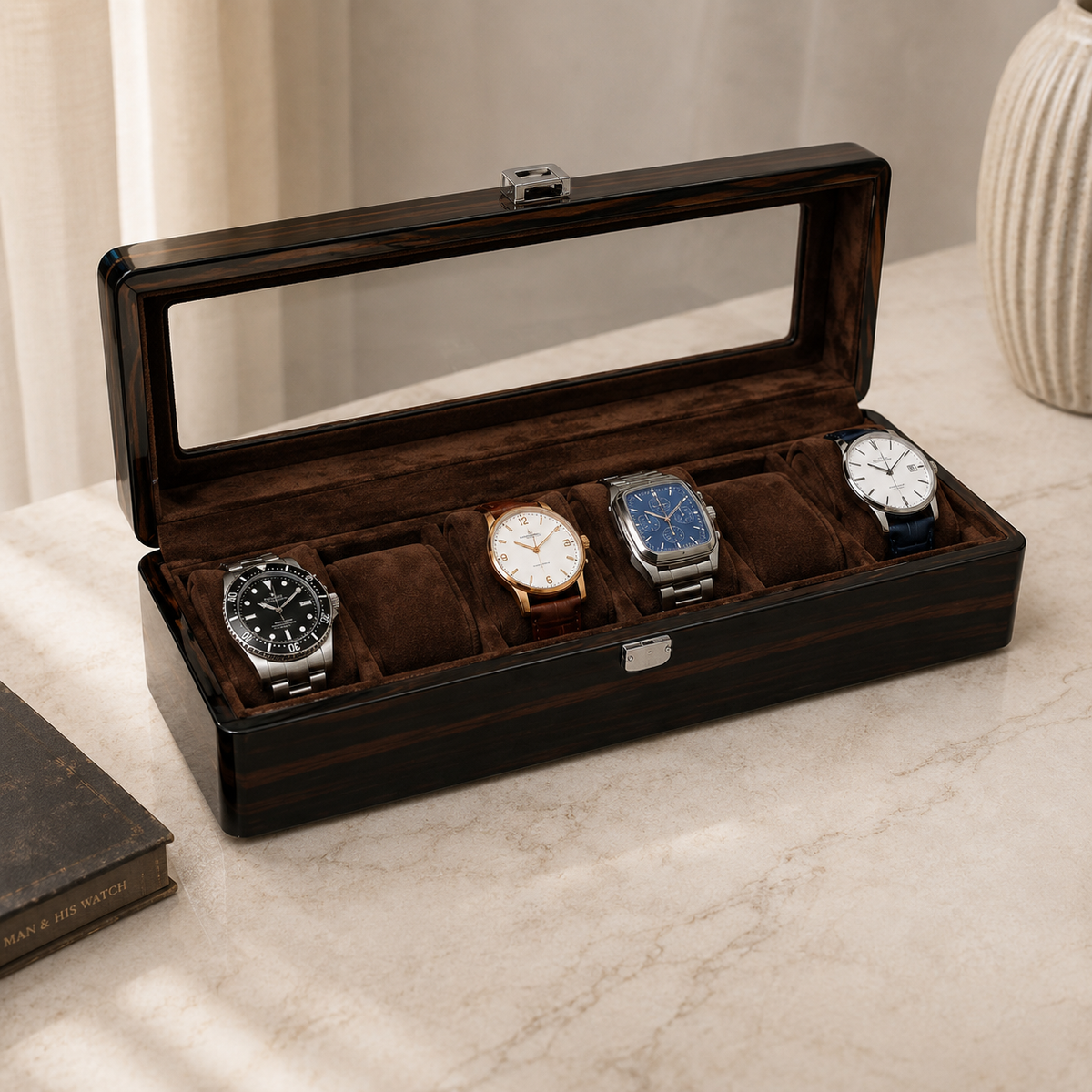 6-Slot Mahogany Watch Box with Glass Display Window - dimensions and specifications