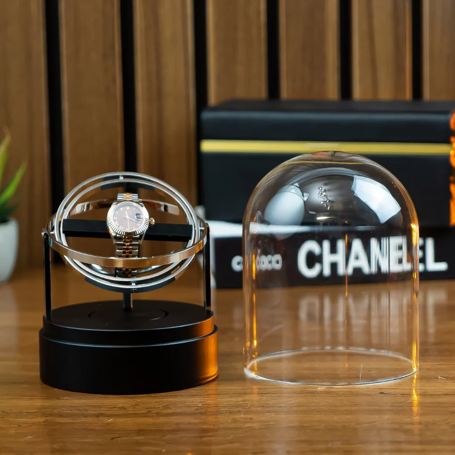 Single Gyroscopic Automatic Watch Winder with Glass Dome - angled view