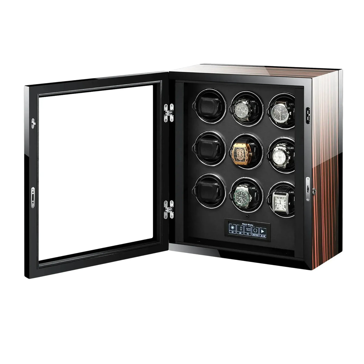 9-Watch Automatic Winder - LCD Touchscreen & Telescopic Cushions - open view