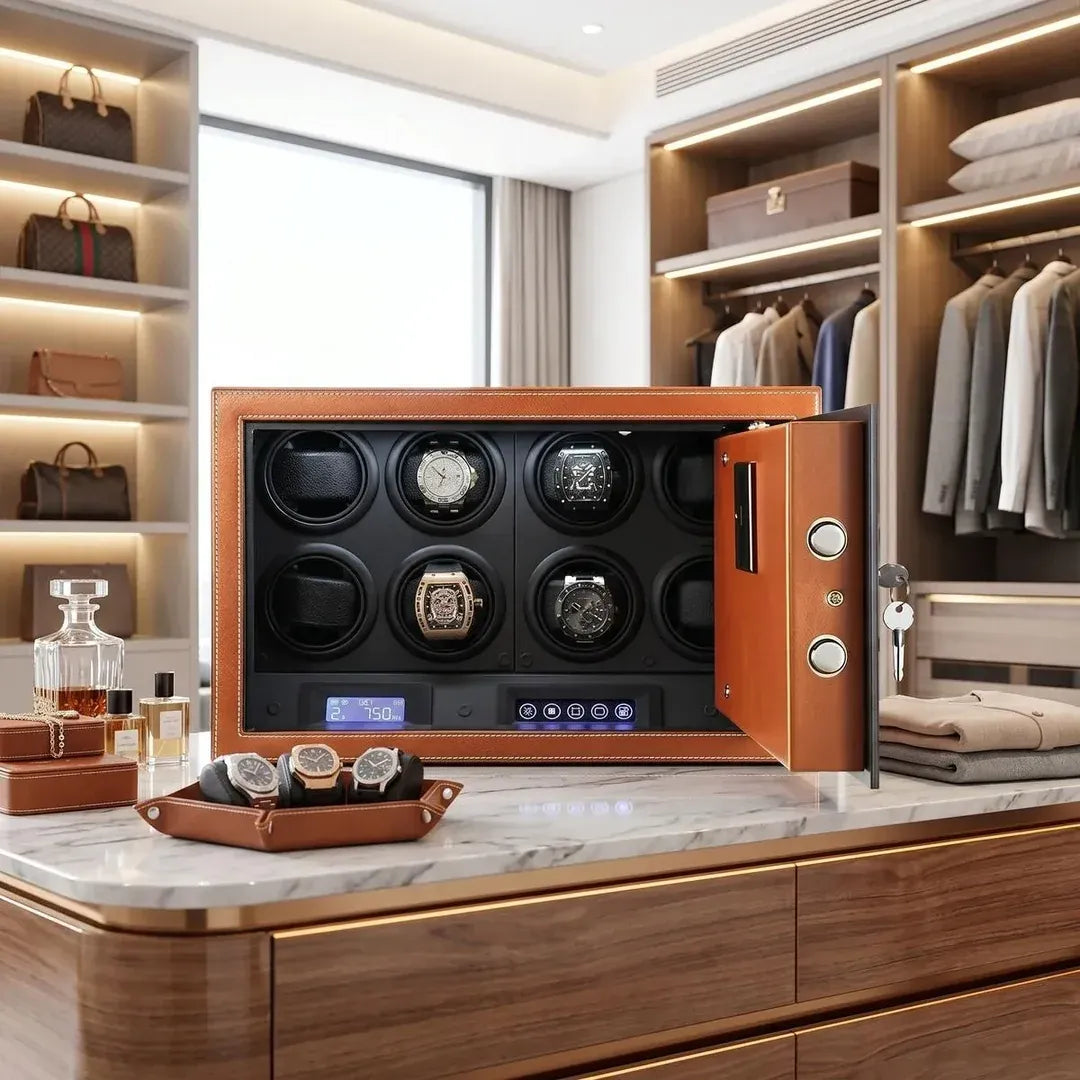 Remontoir coffre-fort 8 montres SwissTouch en cuir végan brun cognac
