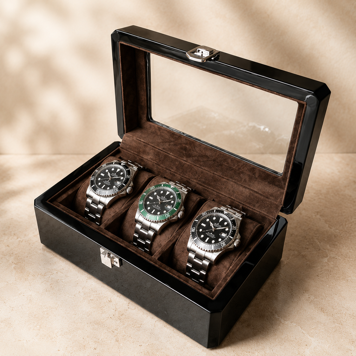 3-Slot Watch Box with Glass Display Window - interior view