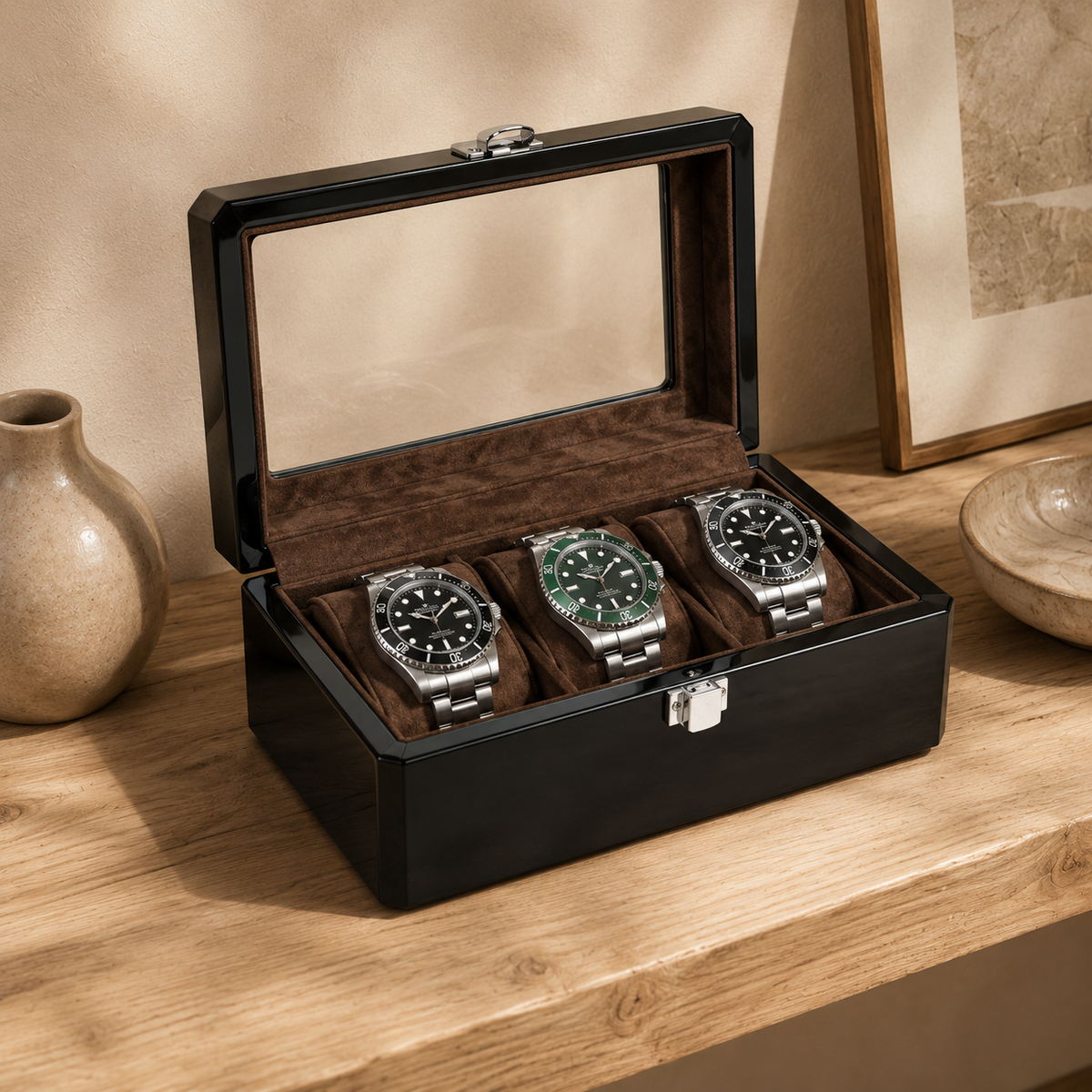 3-Slot Watch Box with Glass Display Window - dimensions and specifications