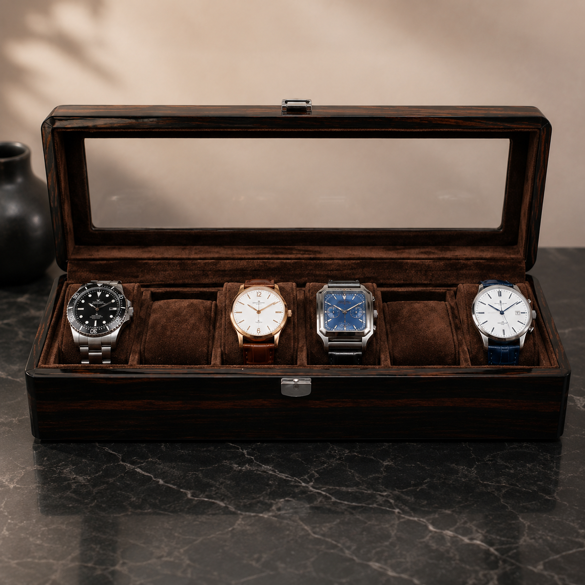 6-Slot Mahogany Watch Box with Glass Display Window - main product view