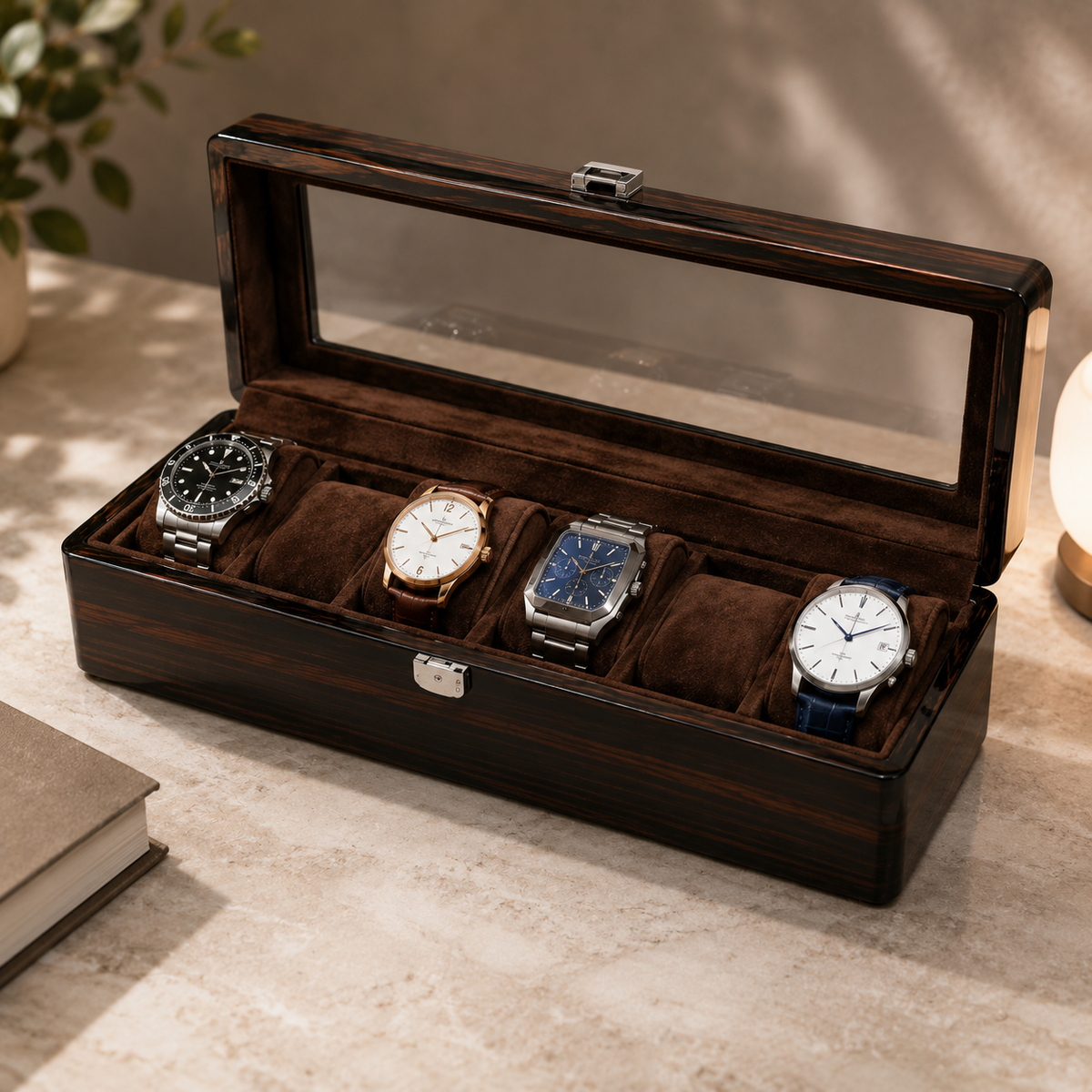 6-Slot Mahogany Watch Box with Glass Display Window - open view