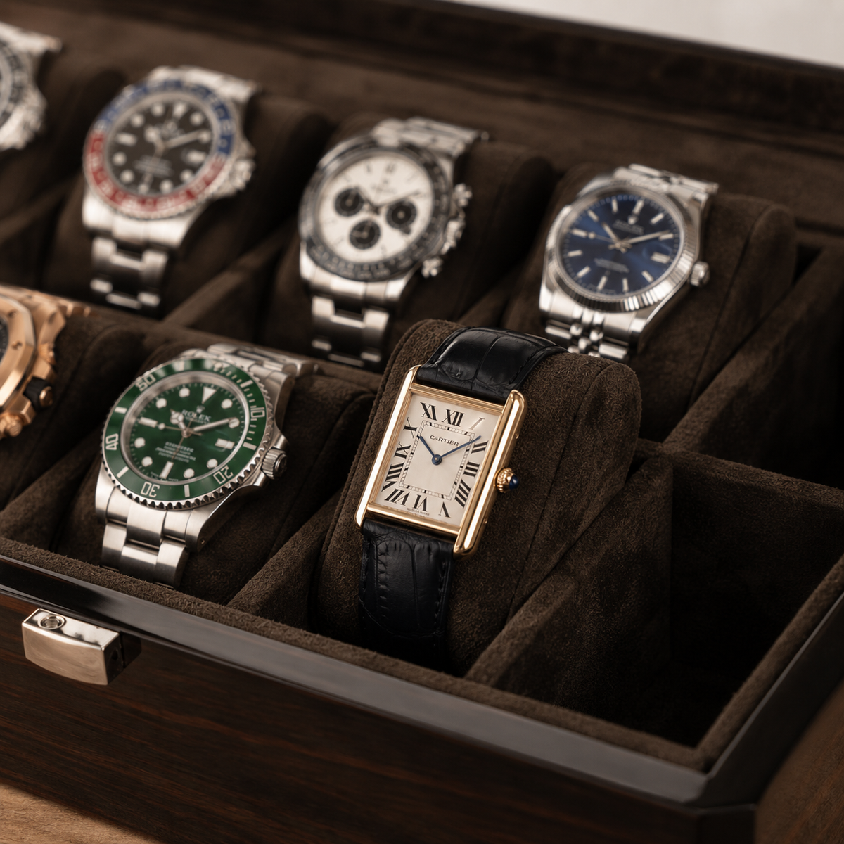 12-Slot Wooden Watch Box with Glass Display Window - open view