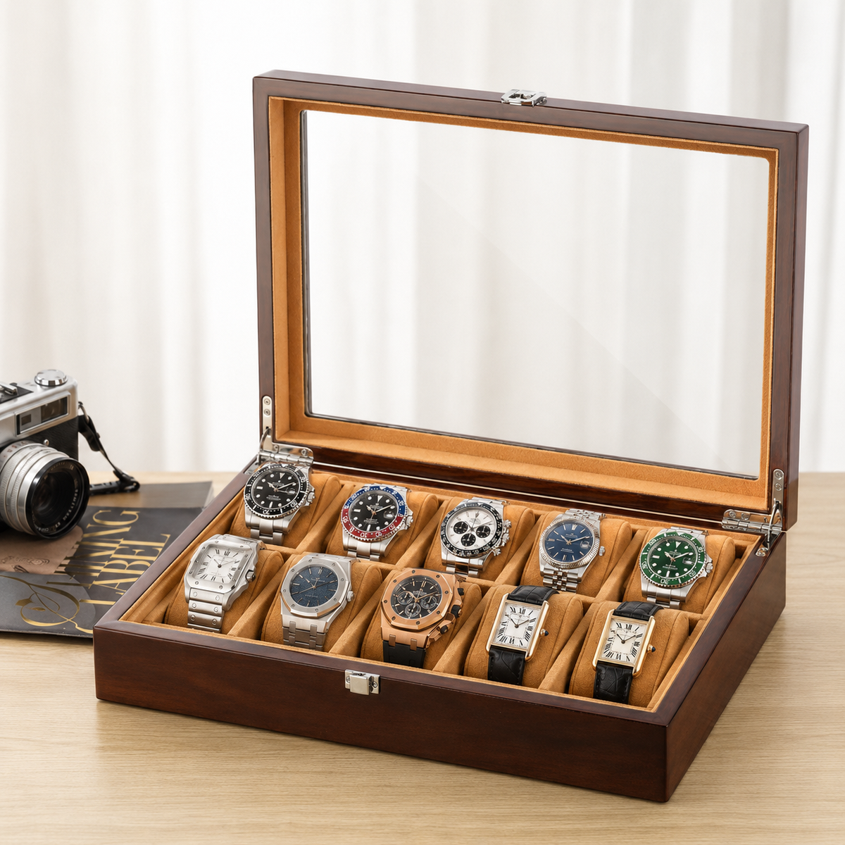 12-Slot Wooden Watch Box with Glass Display Window - dimensions and specifications