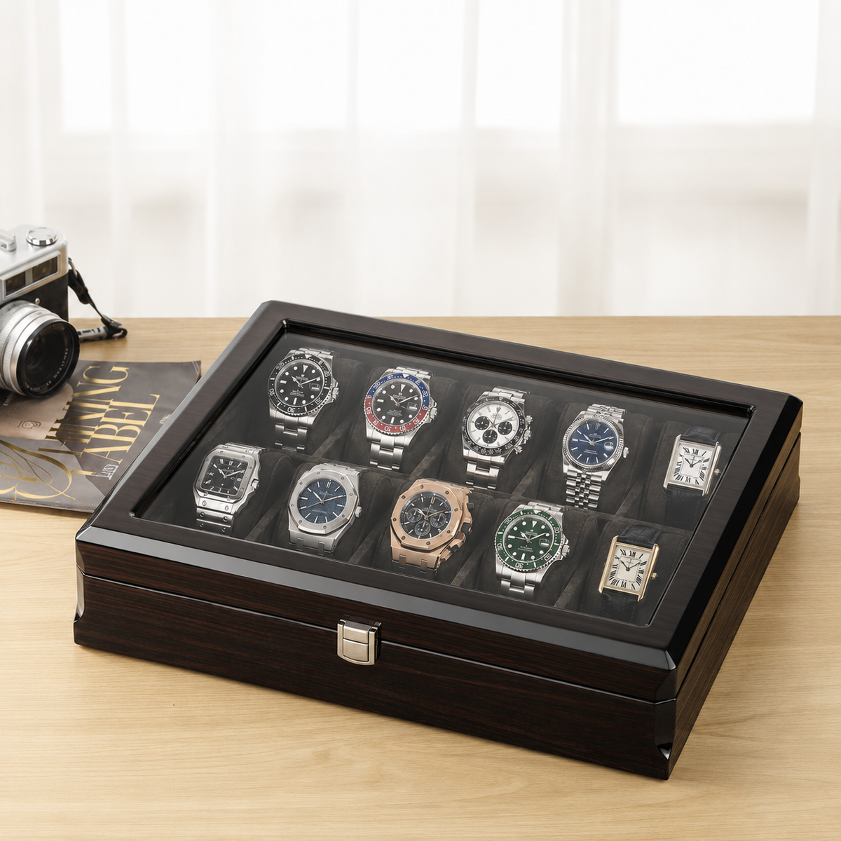 12-Slot Wooden Watch Box with Glass Display Window - color variant