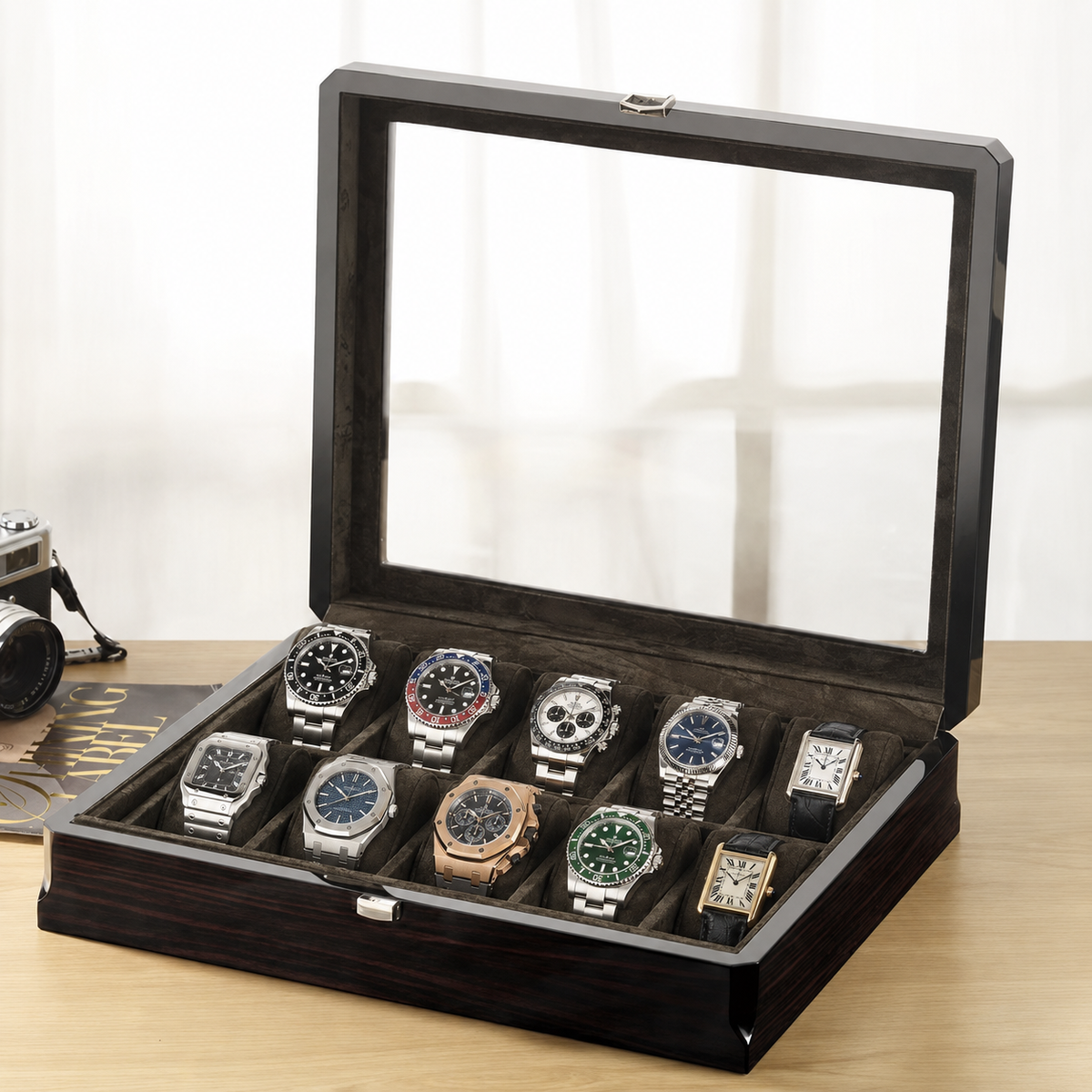 12-Slot Wooden Watch Box with Glass Display Window - main product view