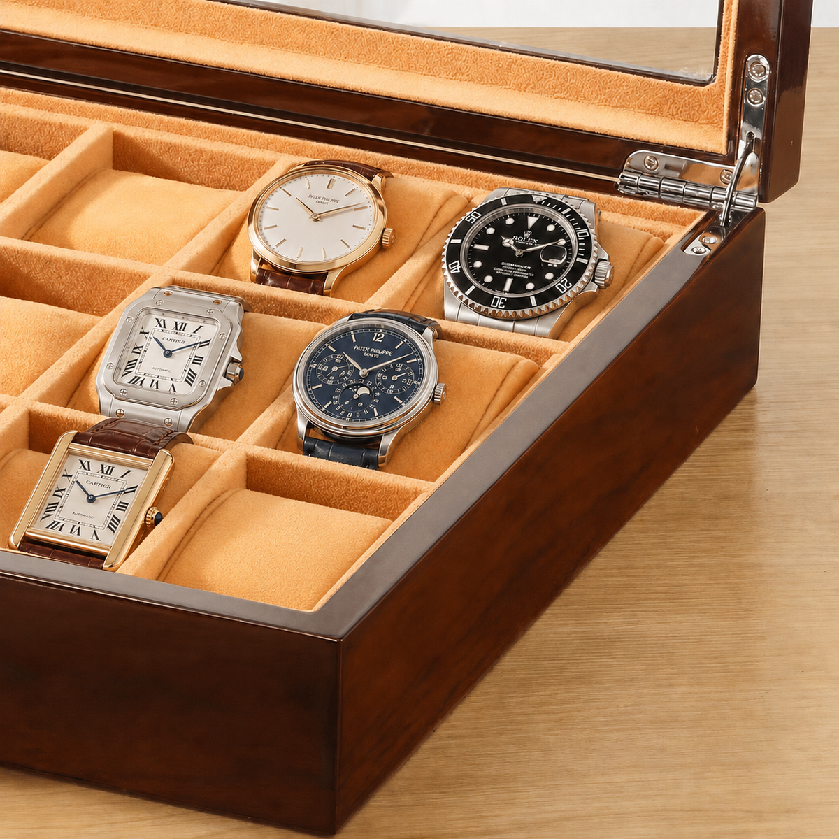 12-Slot Wooden Watch Box with Glass Display Window - packaging