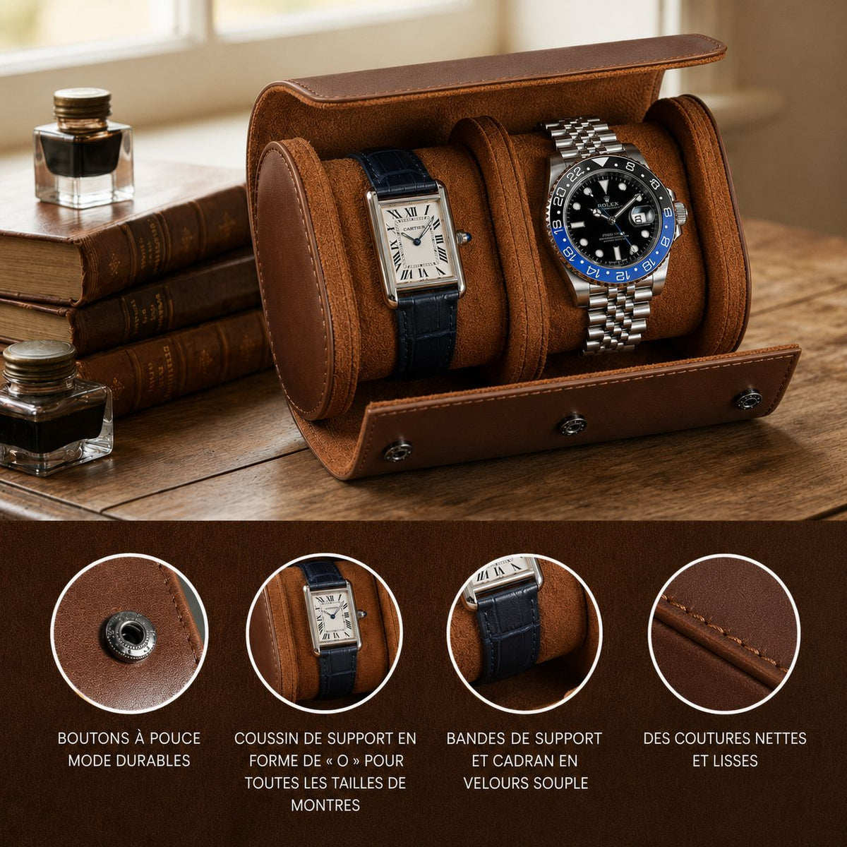 2-Watch Vegan Leather Travel Roll - closed view