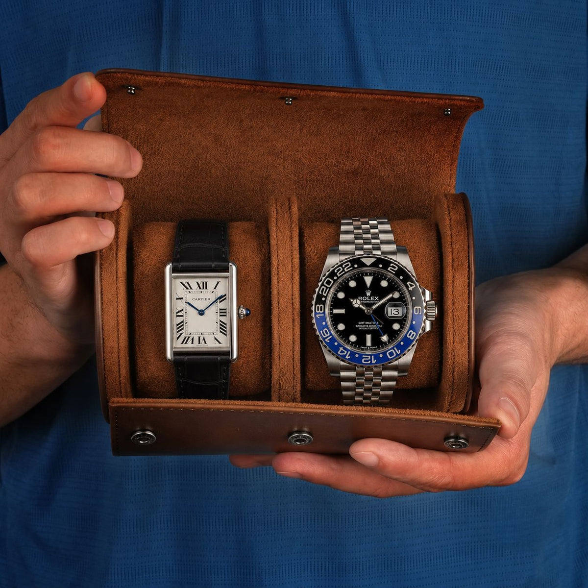 2-Watch Vegan Leather Travel Roll - interior view