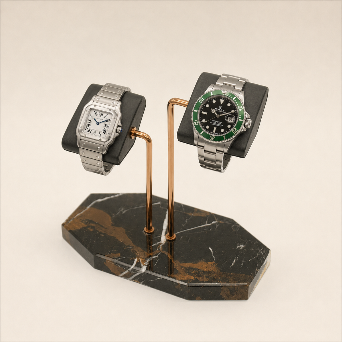 Double Watch Stand with Natural Marble Base - side view