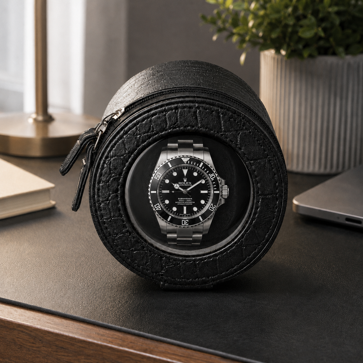 Portable Automatic Watch Winder - Compact Black Travel Case - closed view