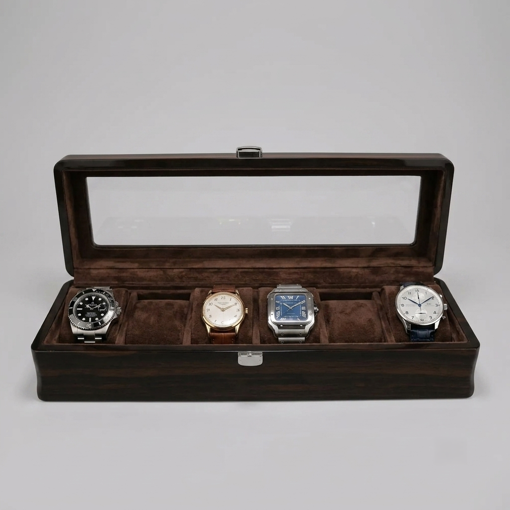 6-Slot Mahogany Watch Box with Glass Display Window - finish detail