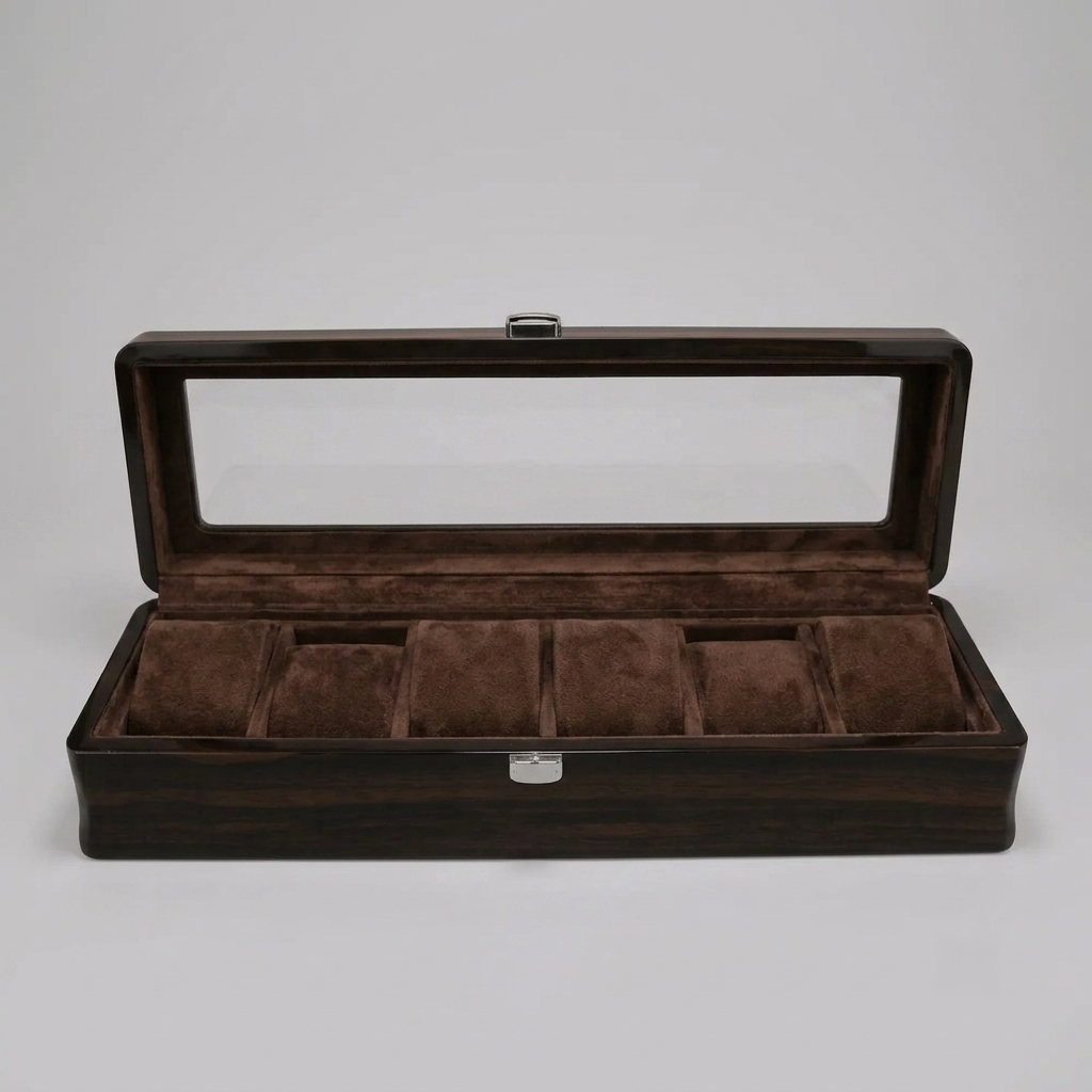 6-Slot Mahogany Watch Box with Glass Display Window - lifestyle view