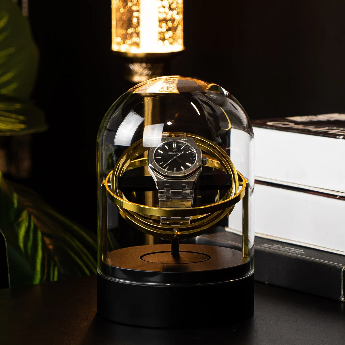 Single Gyroscopic Automatic Watch Winder with Glass Dome - detail view