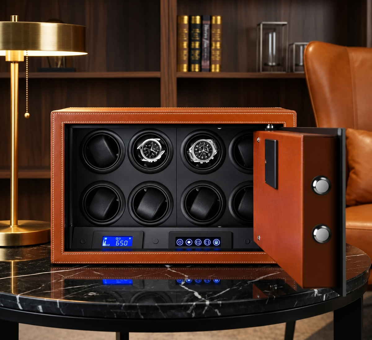 8-Watch Biometric Safe Winder - Fingerprint, PIN & Key - open view