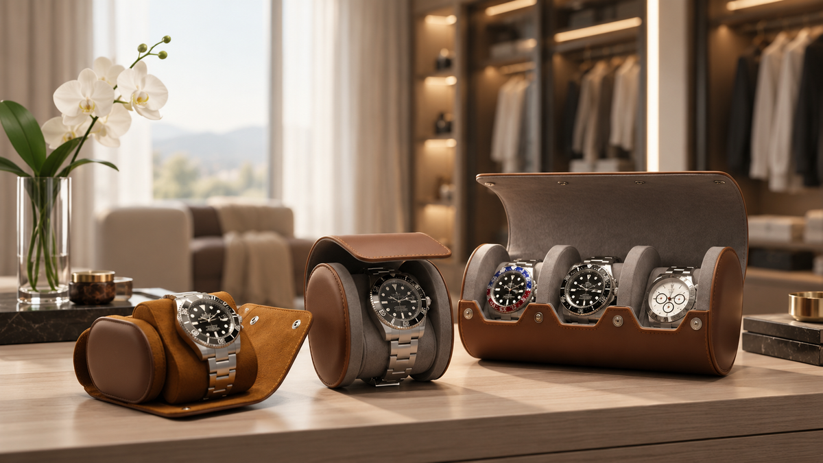 Étuis et rouleaux de montres SwissTouch dans un dressing haut de gamme