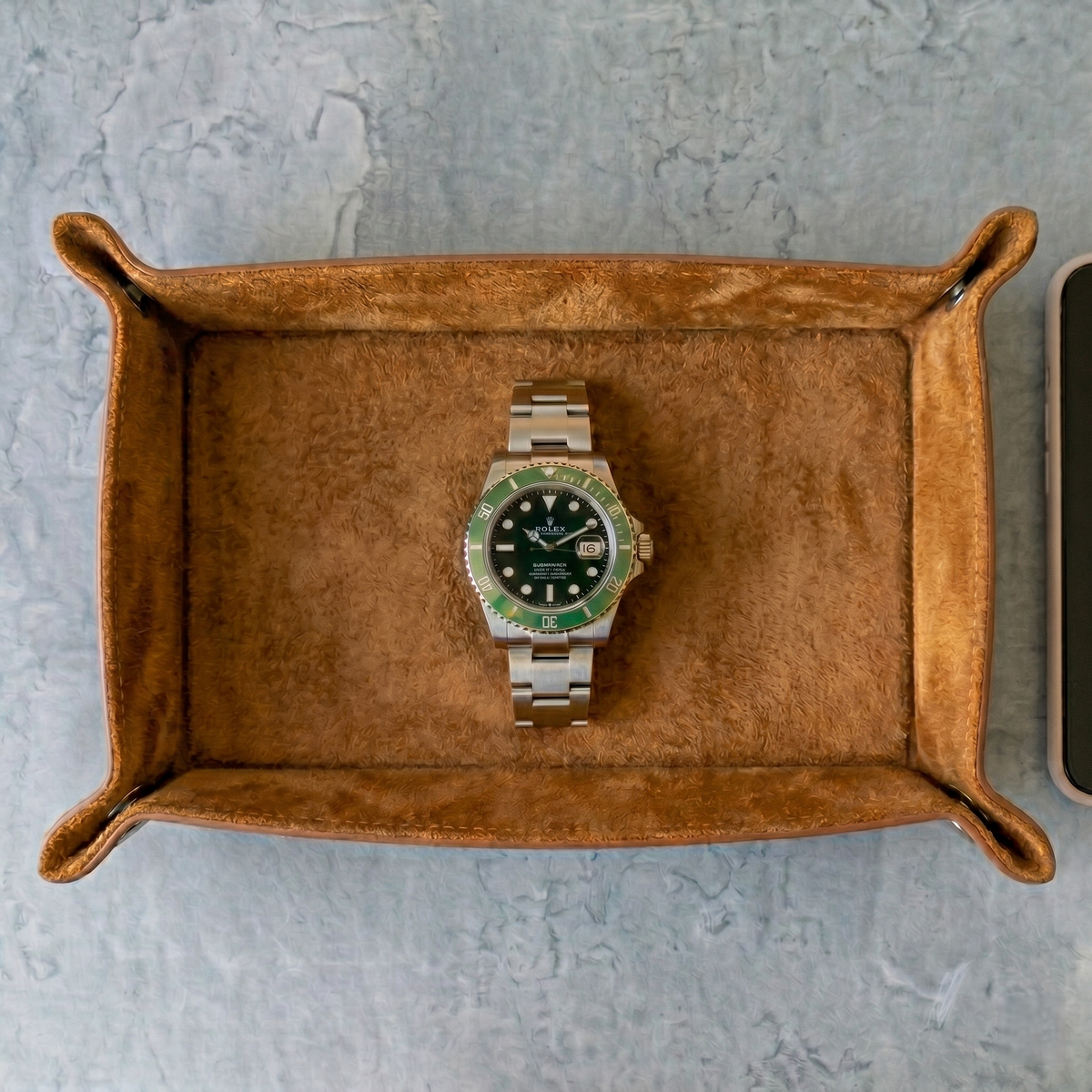 Vegan Leather Valet Tray with Watch Stand - top view